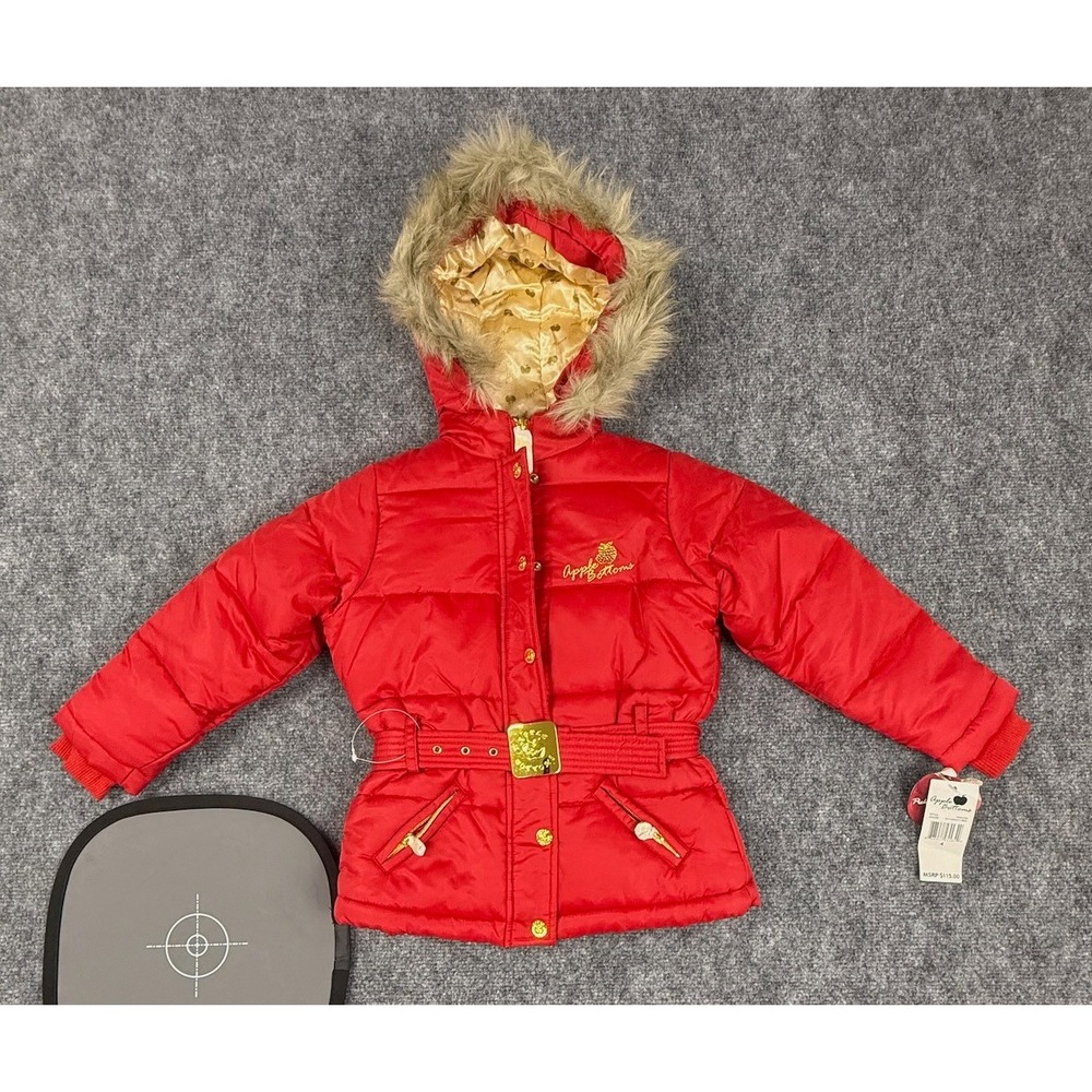 Apple Bottoms Kids Red Puffer‎ Coat Faux Fur Hood Belted Size 4